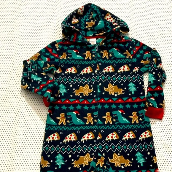 🍕Cat & Jack Christmas Dino🦖 Pajamas One Piece Sz: Small Gingerbread Man Pizza - Picture 7 of 9